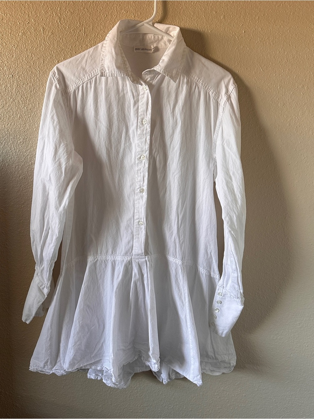 Avec Les Filles White Long-Sleeve Button Peplum Shirt Dress XS 100% cotton